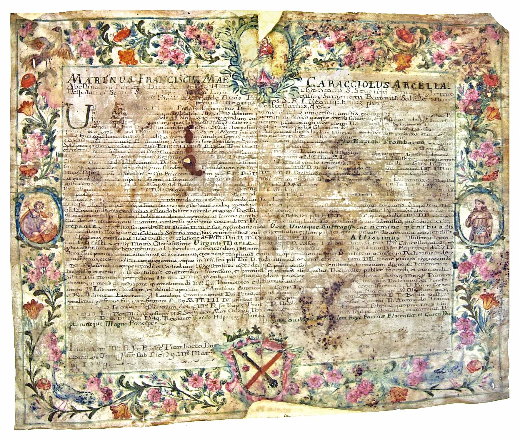 Diploma di laurea in giurisprudenza conseguito da Giovan Battista Trombacca di Ostuni, pergamena, anno 1749